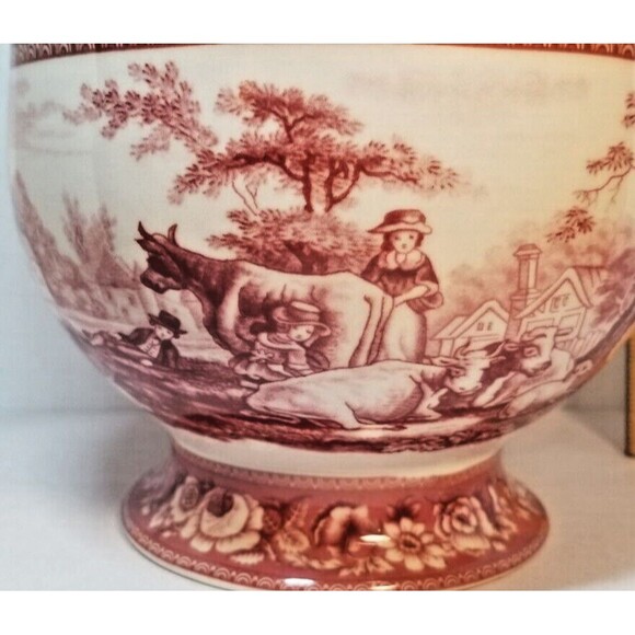 Vintage Red Toile Transfer wear Porcelain Pitcher French Farm Scene Farmhouse - Picture 4 of 9